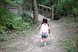 Charlotte hiking with her dress